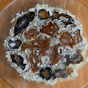 Handmade Glass Plate with Agate and Coral wall or centerpiece 9”